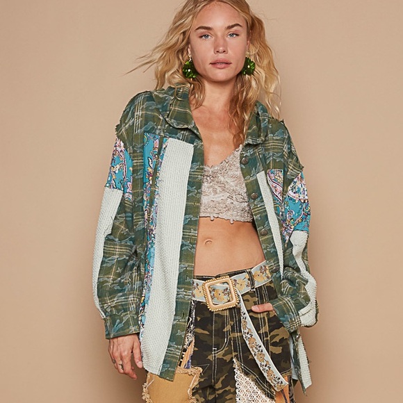 LAST ONE POL Plaid Button Down Hoodie with Multi Color Patchwork - Picture 6 of 7